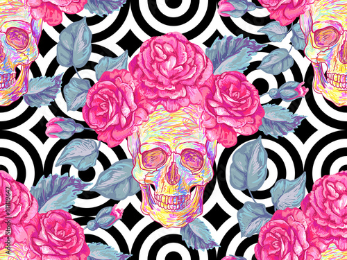 Seamless Mexican pattern with skulls and roses. Rose floral summer design vector background. Perfect for wallpapers, pattern fills, web page backgrounds, surface textures, textile