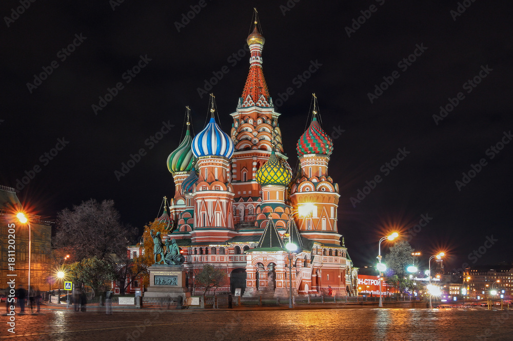 St. Basil's Cathedral at night, on the Red square in Moscow