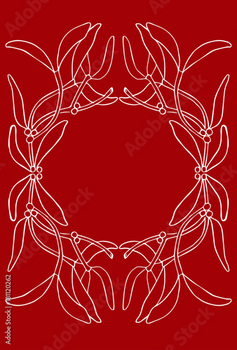 Christmas greeting card with hand drawn symmetric floral ornament and place for text.  Decorated with mistletoe ornament.