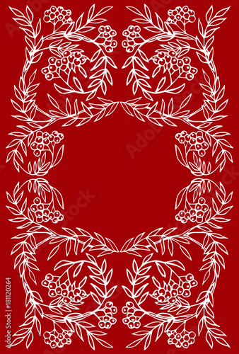 Christmas greeting card with hand drawn symmetric floral ornament and place for text.  Decorated with rowan ornament.