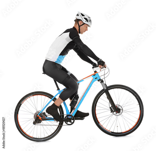 Young sporty cyclist riding bicycle on white background