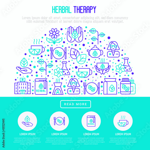 Herbal therapy concept in half circle with thin line icons: herbalist, decoction, aromatic oil, oil burner, tea. Vector illustration for banner, web page, print media.