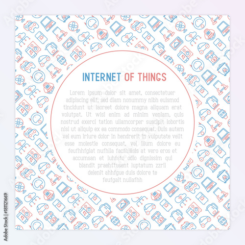 Internet of things concept with thin line icons: laptop, smart watch, cloud computing technology, kettle, speaker, smart car, robot vacuum. Vector illustration for banner, web page, print media.