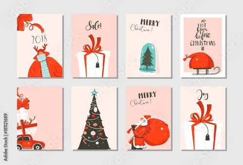 Hand drawn vector abstract fun Merry Christmas time cartoon cards collection set with cute illustrations,surprise gift boxes,xmas tree and modern calligraphy in pastel colors isolated