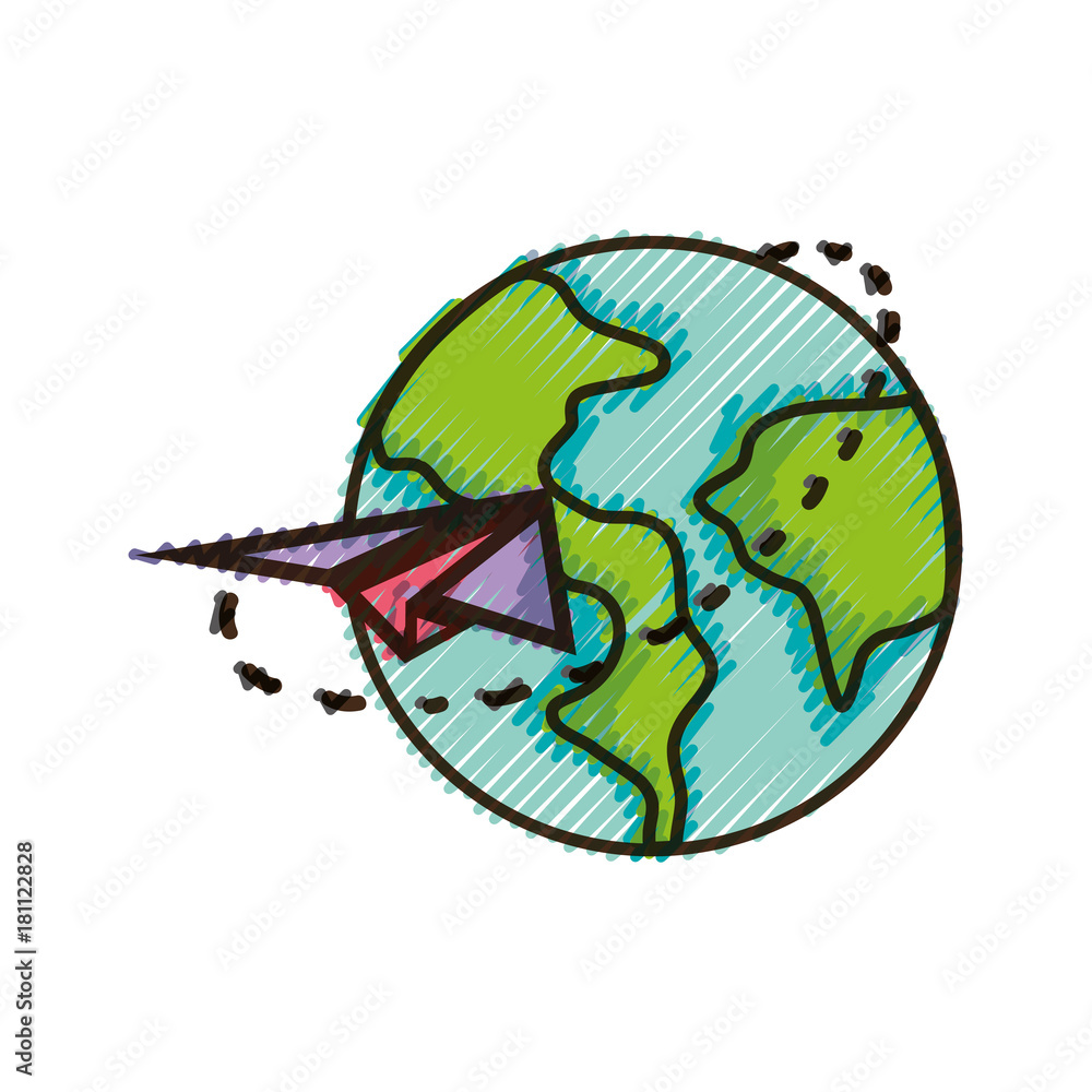 doodle global earth planet with paper airplane design Stock Vector ...