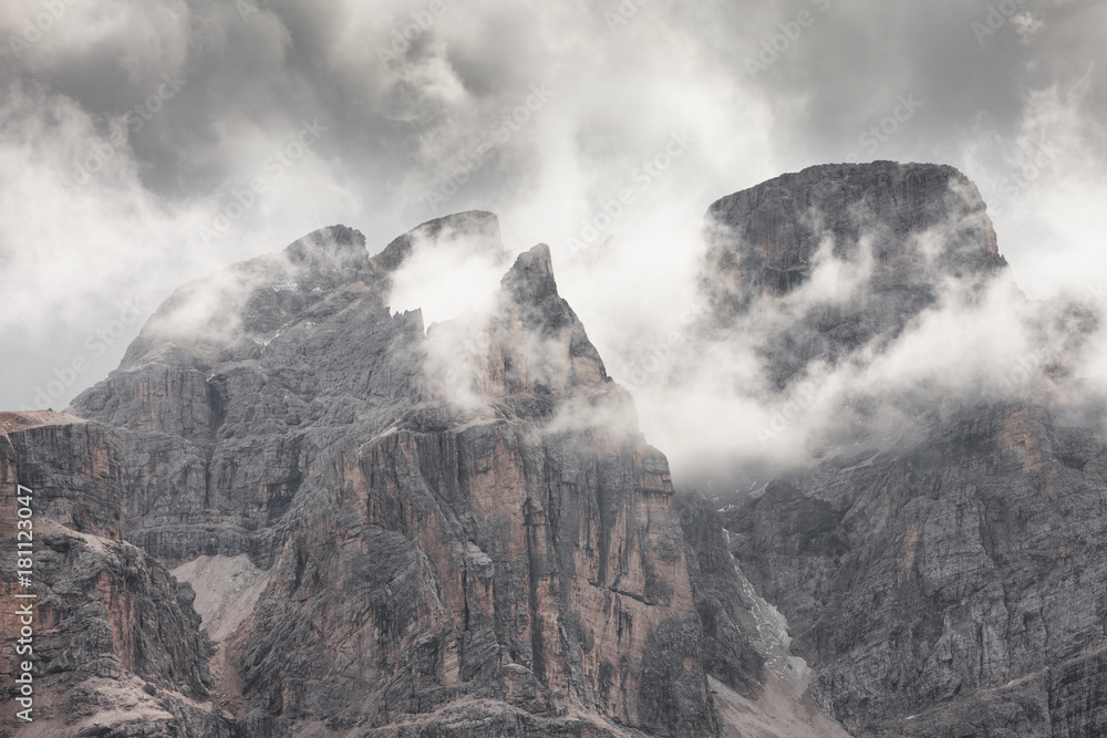 Low clouds among  the Piz Duleda Puez Group peaks in Dolomites area