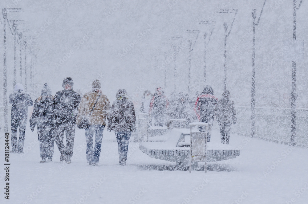 Fototapeta premium WINTER ATTACK - People walking through the blizzard