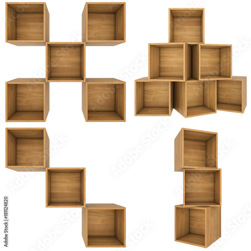 Set wooden shelf isolated on background. 3d rendering