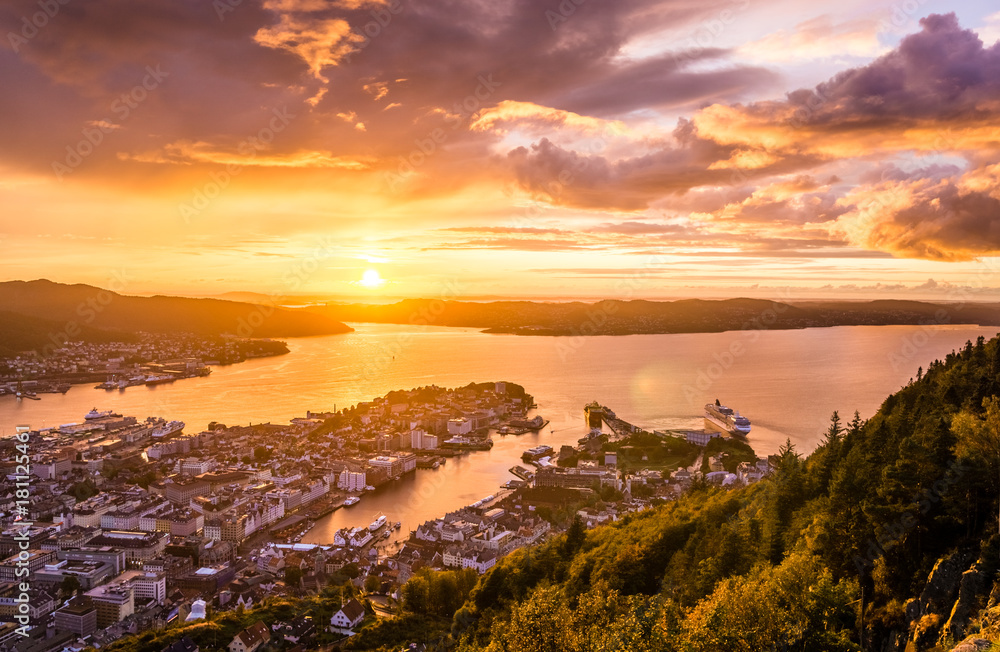 Amazing sunset view of City of Bergen from Floyen mountain. Norway.
