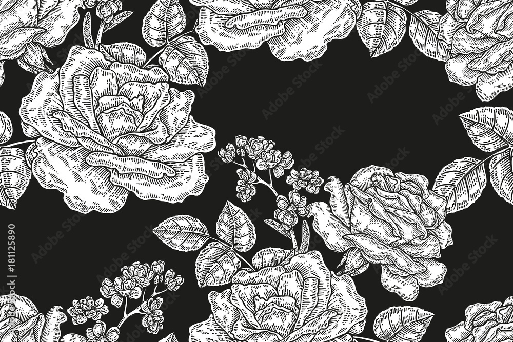 Seamless pattern with vintage rose flowers. Black and white graphic ...