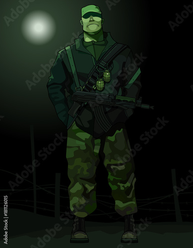 cartoon man in uniform military with a gun is guarding the territory