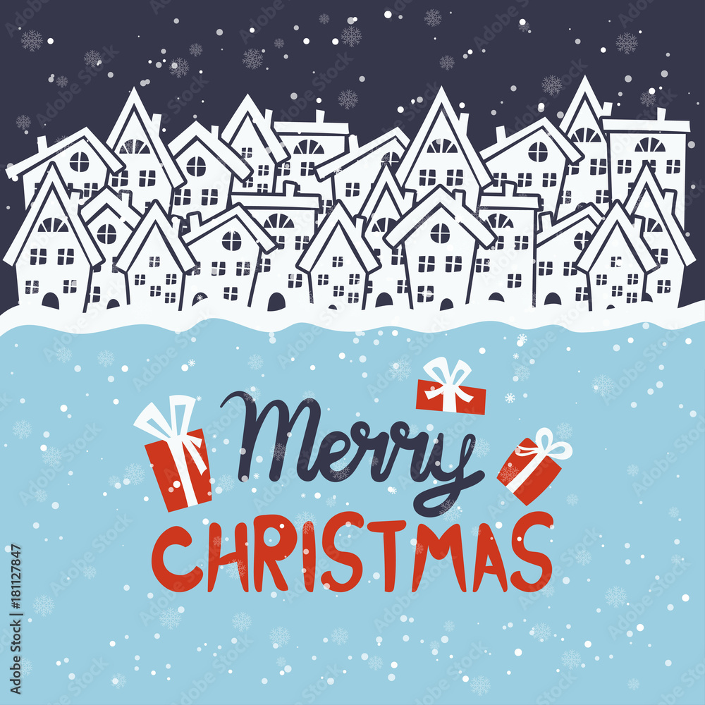 Cartoon illustration for holiday theme with sweet homes. Greeting card for Merry Christmas and Happy New Year. Vector illustration