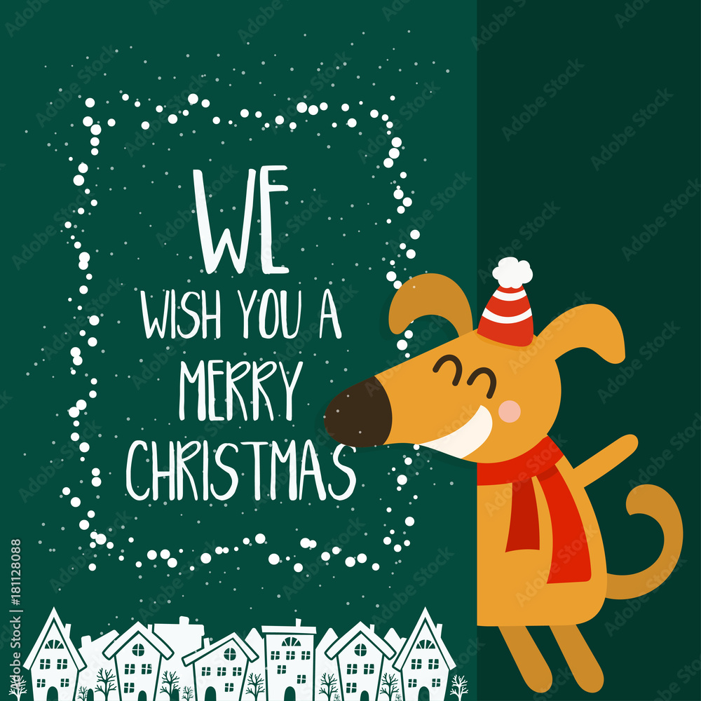 Cartoon illustration for holiday theme with dog on winter background. Greeting card for Merry Christmas and Happy New Year. Vector illustration