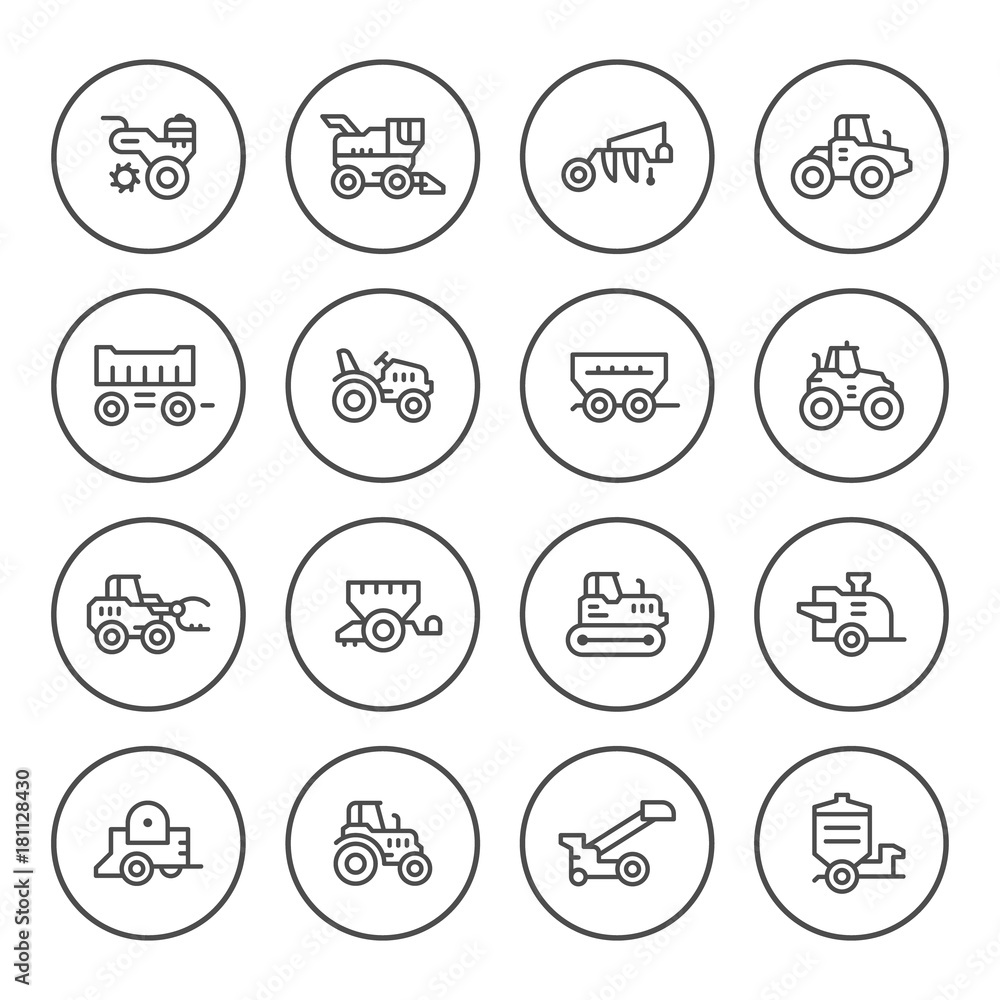 Set round line icons of agricultural machinery