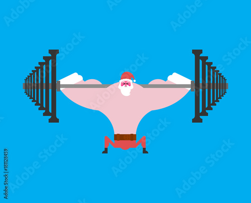 Strong Santa Claus squat with barbell. Christmas fitness. Powerful old man. Sport New Year Vector illustration
