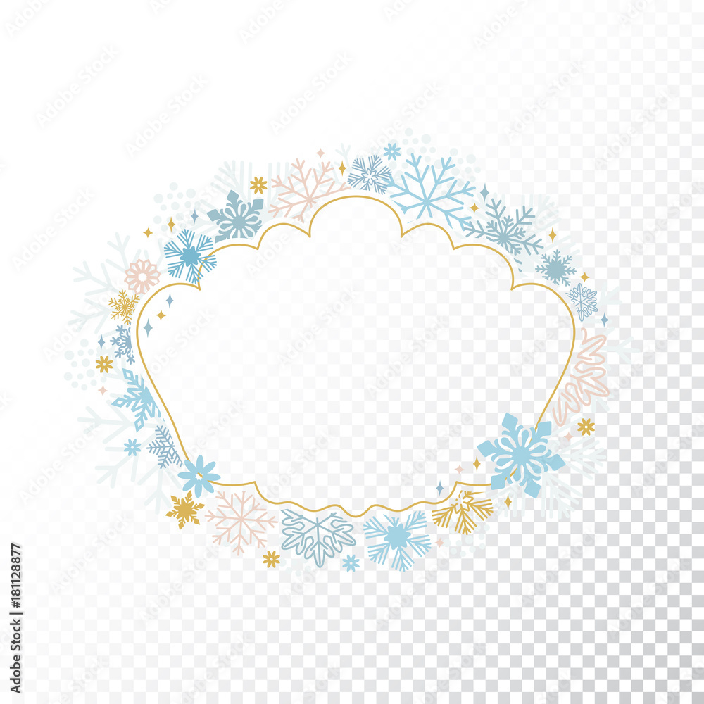 Circle snowflake frame, festive decoration on transparent background, Christmas design for invitation, greeting card or postcard. Vector illustration, merry xmas snow flake framework