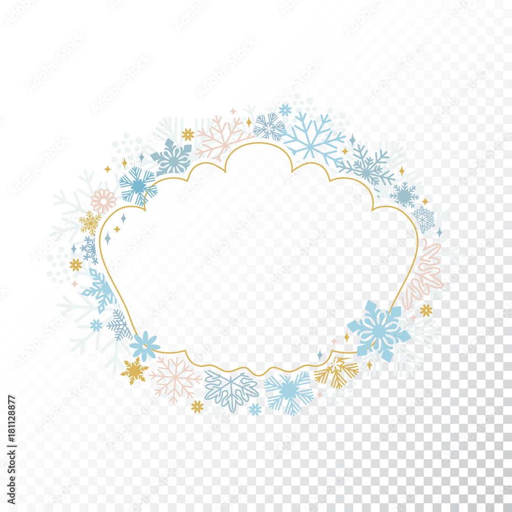 Circle snowflake frame, festive decoration on transparent background, Christmas design for invitation, greeting card or postcard. Vector illustration, merry xmas snow flake framework Circle snowflake frame, festive decoration on transparent background, Christmas design for invitation, greeting card or postcard. Vector illustration, merry xmas snow flake framework
