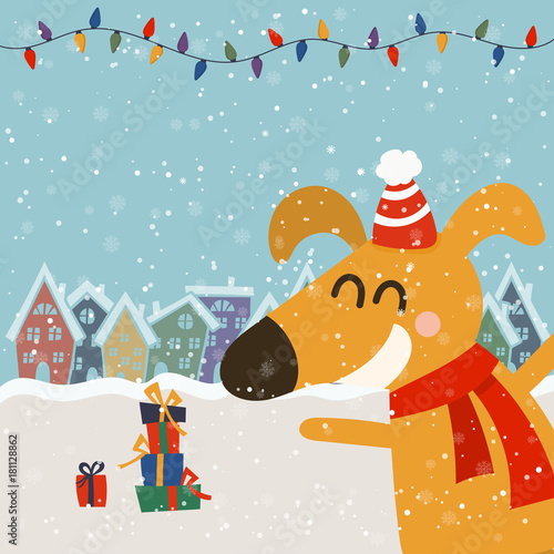 Cartoon illustration for holiday theme with dog on winter background. Greeting card for Merry Christmas and Happy New Year. Vector illustration