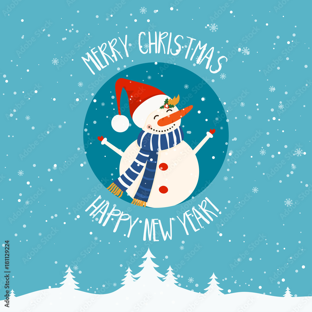 Obraz Cartoon illustration for holiday theme with snowman on winter background. Greeting card for Merry Christmas and Happy New Year. Vector illustration