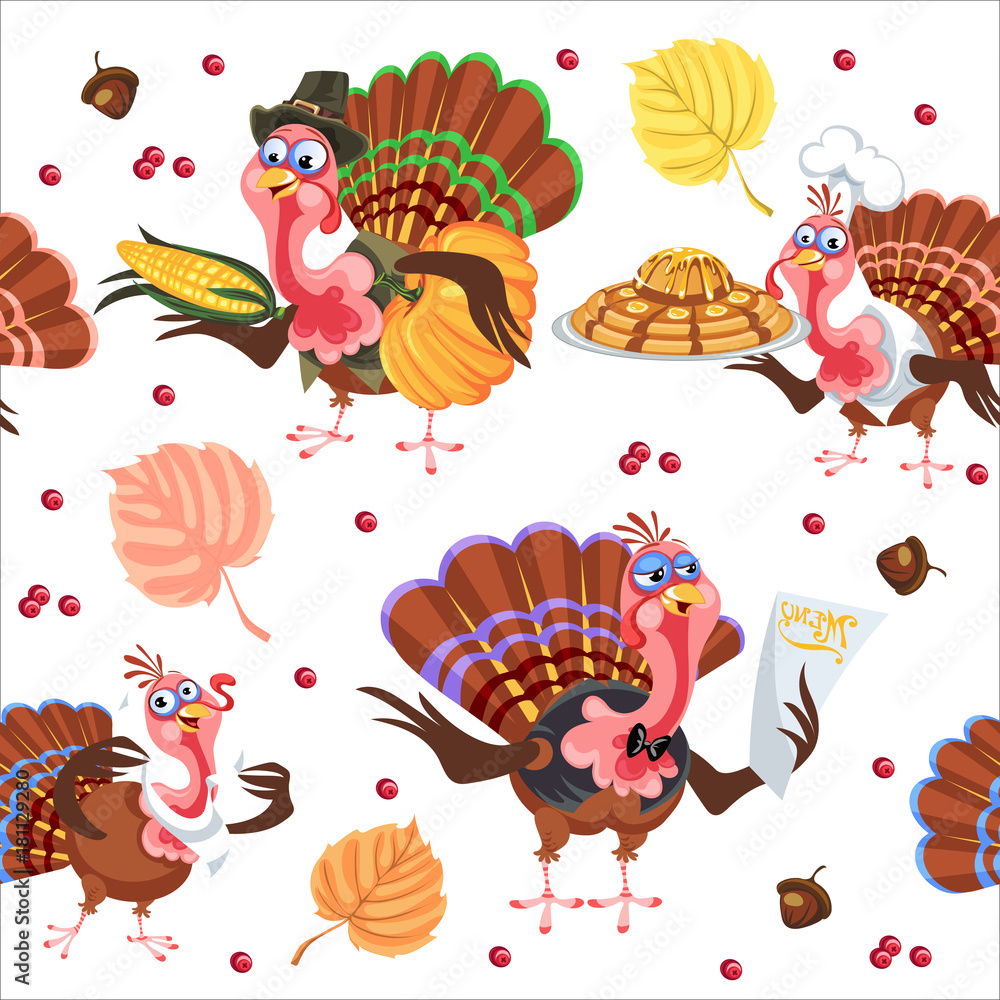 Naklejka Seamless pattern cartoon thanksgiving turkey character in hat with harvest, leaves, acorns, corn, autumn holiday bird vector illustration background for fabric textile or wrapping