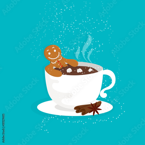 Funny cartoon illustration with gingerbread man in cup of hot chocolate. For holiday theme  on winter background. Greeting card for Merry Christmas and Happy New Year. Vector illustration