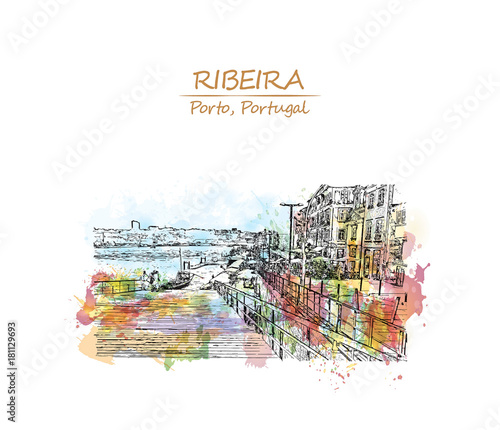 Watercolor sketch with splash of Ribeira Porto, Portugal in vector illustration.