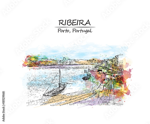 Watercolor sketch with splash of Ribeira Porto, Portugal in vector illustration.