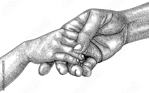 Adults and children join hands,Hand drawing vintage engraving style
