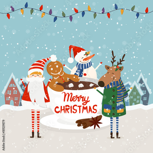 Funny cartoon illustration with gingerbread man in cup of hot chocolate and Santa Claus,deer and snowman. For holiday theme  on winter background. Greeting card for Merry Christmas and Happy New Year