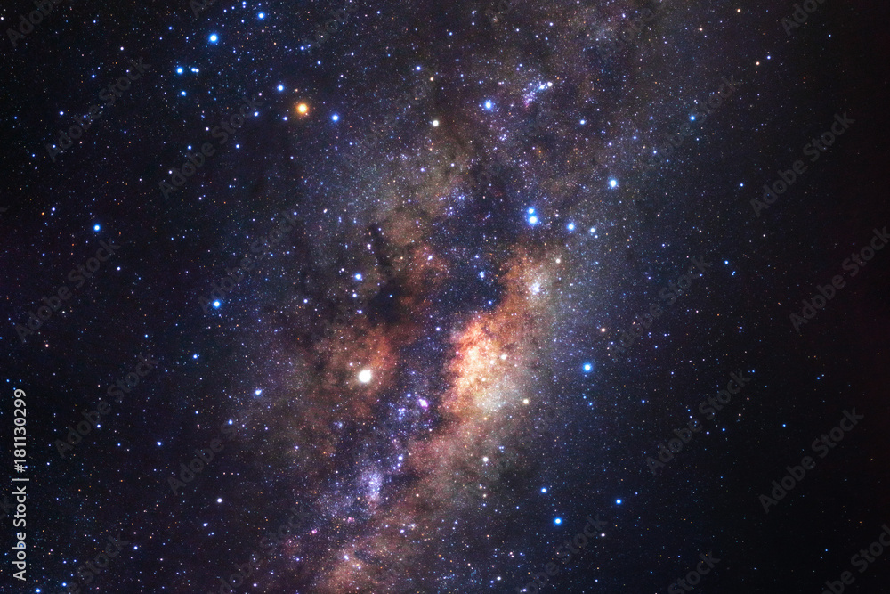 Fototapeta premium Milky way galaxy with stars and space dust in the universe, Long exposure photograph, with grain.