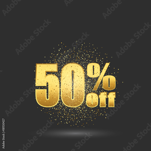 Fifty percent discount.Gold glitter particles on the background Golden numbers.