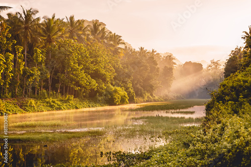 Sunrise in tropical island, coconut palms and river in Nusa Penida, Bali