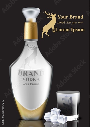 Vodka realistic bottle Vector. Premium Product packaging brand design. Gold details black backgrounds