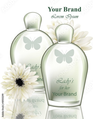 Women perfume bottle with flowers fragrance. Realistic Vector Product packaging designs