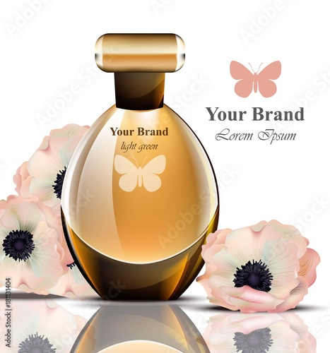 Women perfume bottle with delicate flowers fragrance. Realistic Vector Product packaging designs