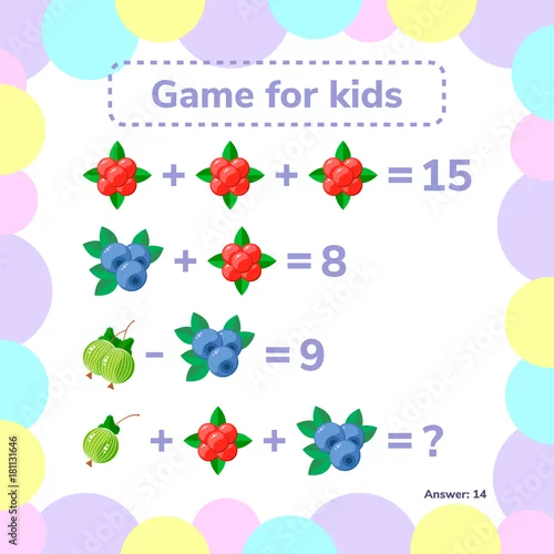 Obraz Ilustracji wektorowych. Edukacyjna gra matematyczna. Zadanie logiczne dla dzieci. Dodawanie odejmowanie