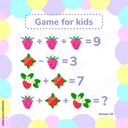 Vector illustration. Educational a mathematical game. Logic task for children. Addition, subtraction