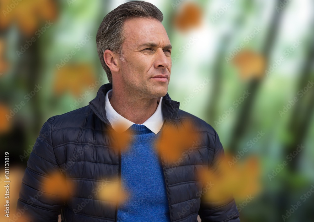 Man in forest with leaves Man in forest with leaves