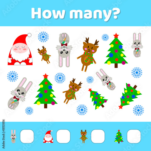 Vector illustration. Educational a mathematical game. Counting game for children. How many.