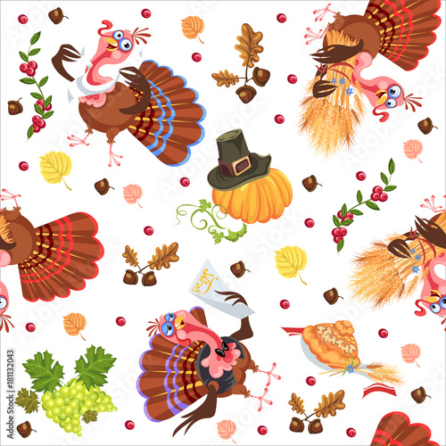 Seamless pattern cartoon thanksgiving turkey character in hat with harvest, leaves, acorns, corn, autumn holiday bird vector illustration background for fabric textile or wrapping