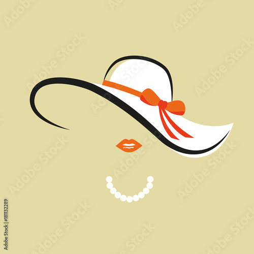 dame mit perlenkette weißem hut und orangener schleife retro