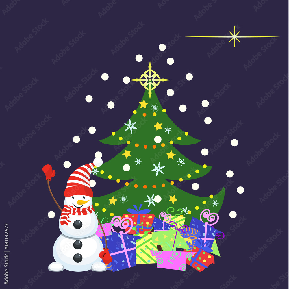 Christamss card with snwman christmass tree and gifts Christamss card with snwman christmass tree and gifts