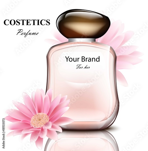 Women perfume bottle with delicate flowers fragrance. Realistic Vector Product packaging designs