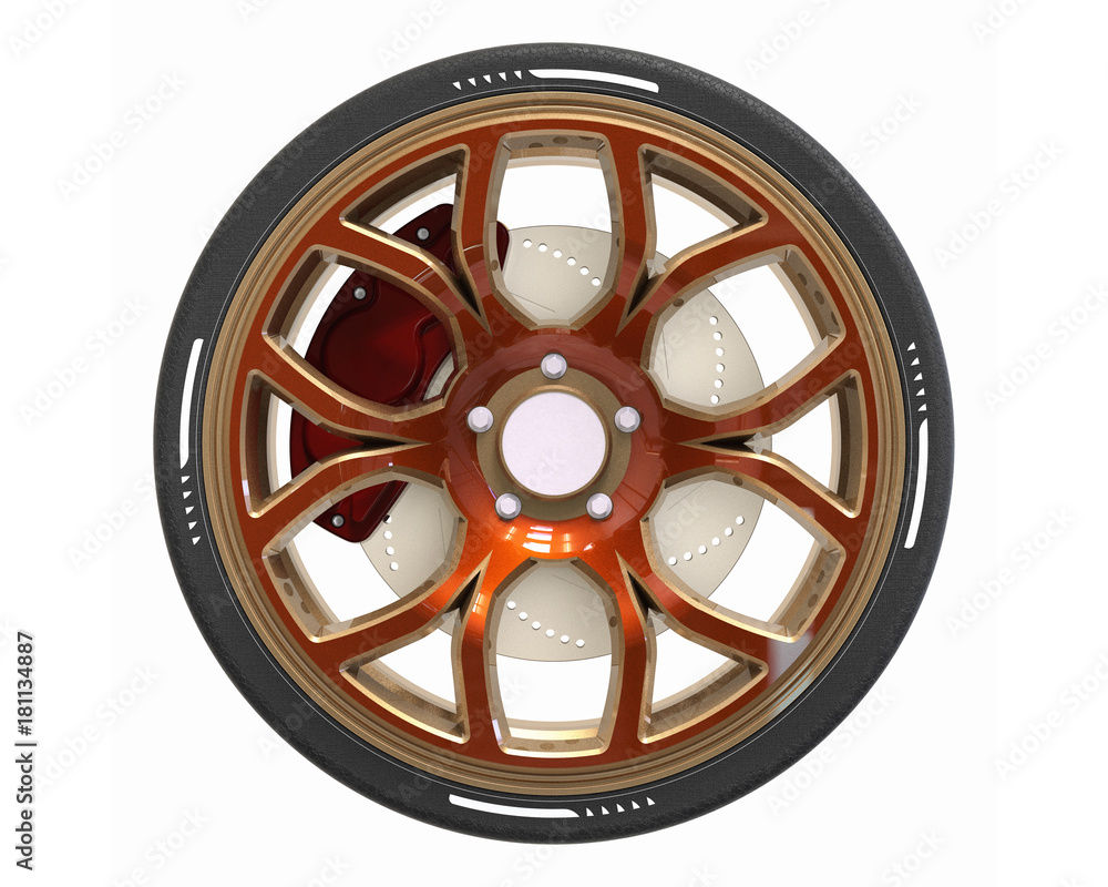 Obraz premium 3D render of a sport aluminium car wheel and brake disc isolated on white background