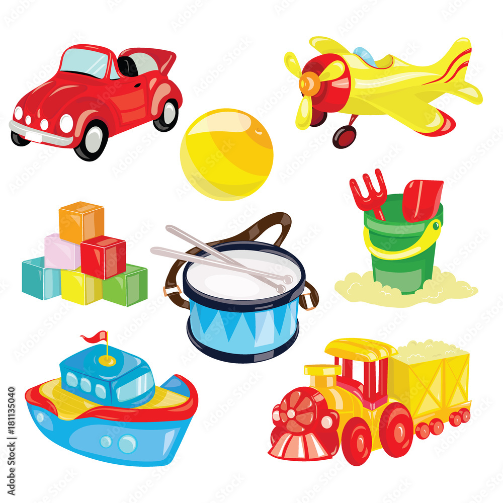 Set of toys for children. Illustration for children. Toy car. The ball. Cartoon  drawing. Stock Vector | Adobe Stock