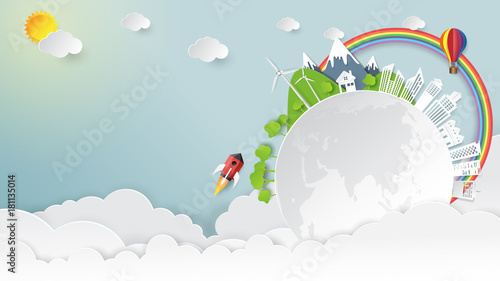 Nature landscape and green energy concept.Eco friendly earth and environment conservation paper art style.Vector illustration.