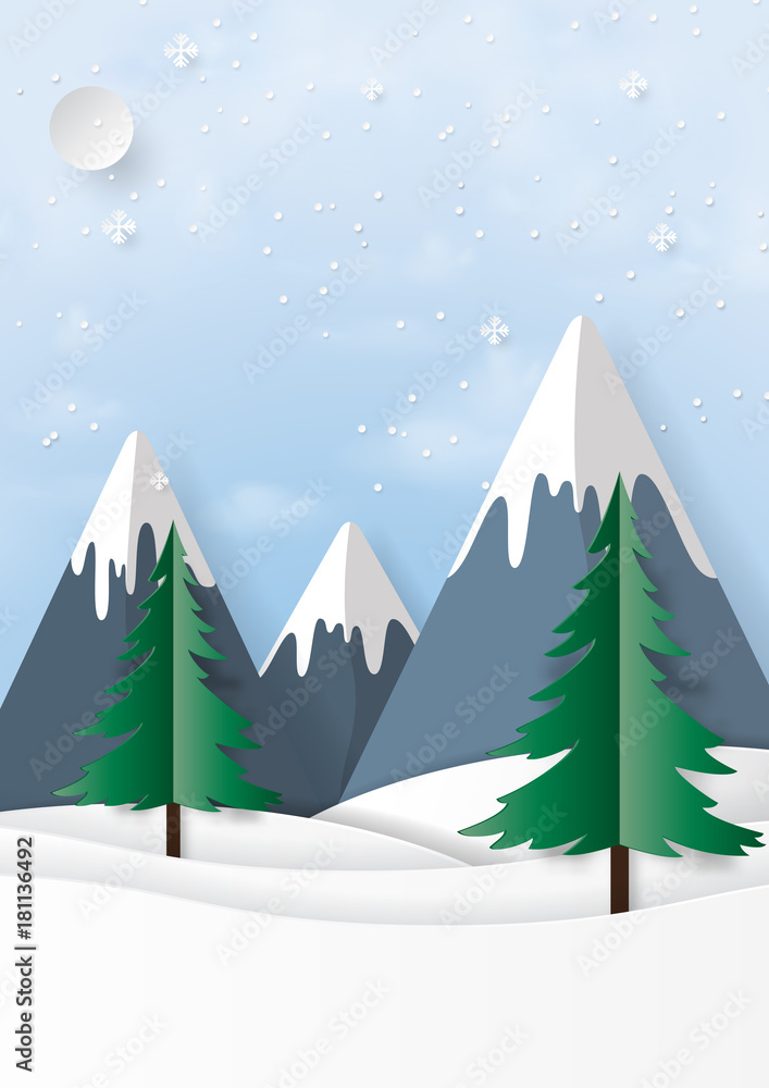 Snow and winter season nature landscape paper art style.Vector illustration.