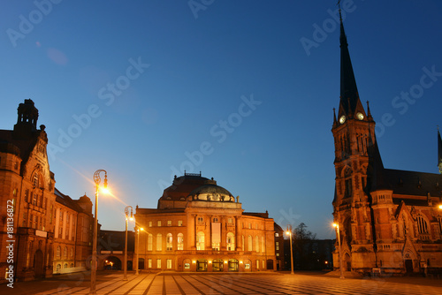 Theaterplatz Chemnitz, Germany by night - Theaterplatz mit Kirche und Museum in Chemnitz