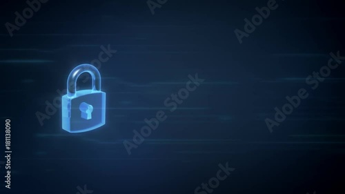 Blue 3d lock spinning with light effects on a digital background and area for your content, loop animation
