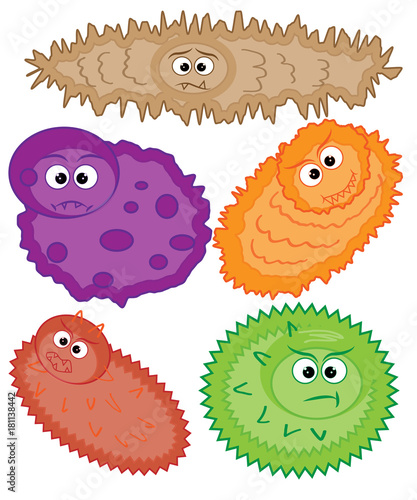 Cartoon virus character vector illustration on white background. Cute fly germ virus infection vector and funny micro bacteria character. Microbe, Pathogen, Virus icon. Funny isolated virus characters